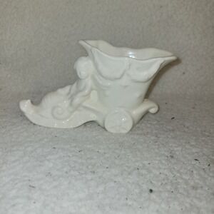 Vintage White Ceramic Cornucopia Planter Vase Wagon Wheel Cart Cottage Decor